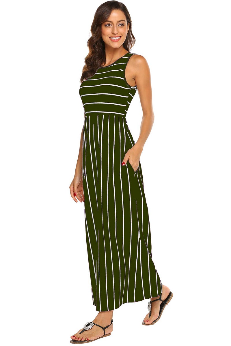 Hount Women's Summer Sleeveless Striped Maxi Dresses with Pockets Plus Size Army Green XXL - Image 1